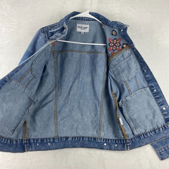 Velvet Heart Denim Jacket Womens Extra Small Blue Embroidered Pockets Casual - Picture 5 of 10